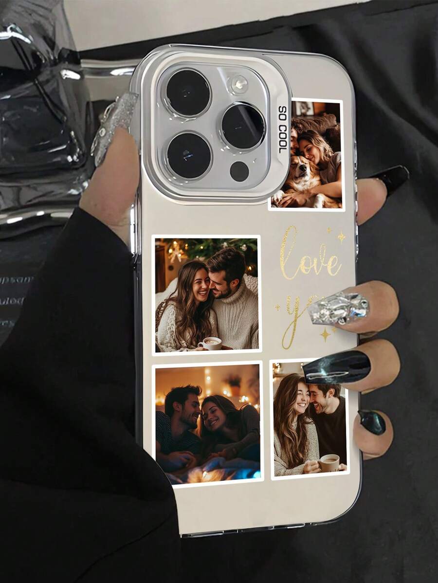 1 pieza Funda de teléfono personalizada "Te amo" con impresión de 4 fotos, resistente a golpes y de piel respetuosa con el color, compatible con iPhone 16 Pro Max/16 Plus/16 Pro, Galaxy S25/S25 Ultra/S25 Plus, etc.
