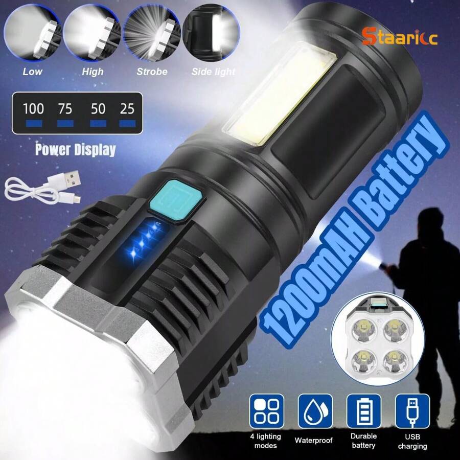 1pc Staaricc USB Rechargeable LED Flashlight With COB Side Light, 4 Powerful Modes For Camping & Outdoor Activities, Bright, , Convenient