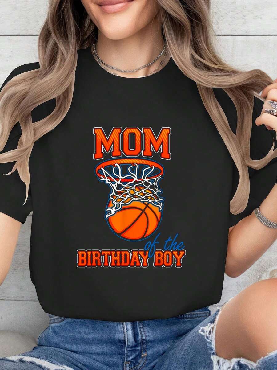 Mom Of The Birthday Boy Basketball Birthday Family Matching T-Shirt Print T-Shirt, Short Sleeve Crew Neck Casual Top For Summer & Spring, Women's Clothing