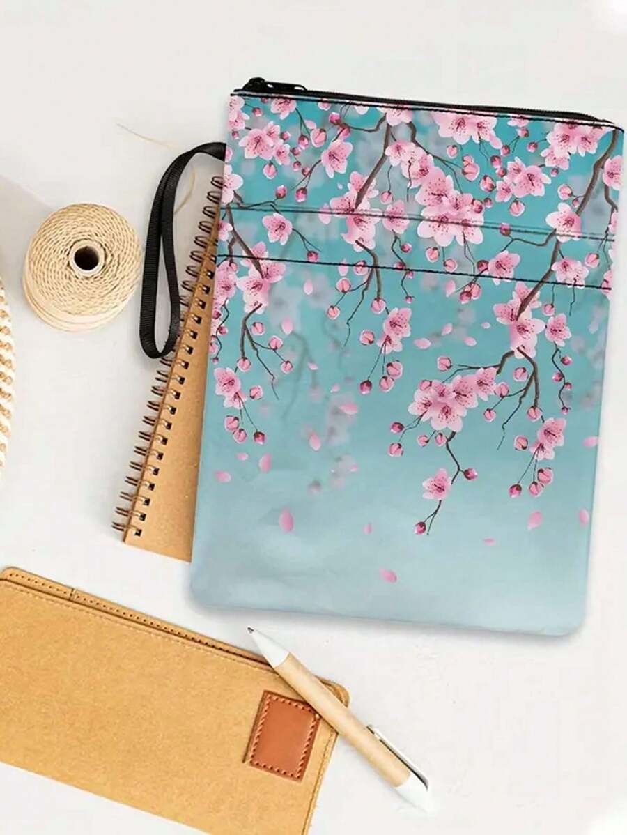 Back To School - Chic Floral Print Zip Book Cover With Handle, Polyester, Floral Notebook And Textbook Cover, Protective Carrying Case For Women And Teens, Book Lover Gift, Fits 11.8" X 9" Books - 1 Piece, School Supplies