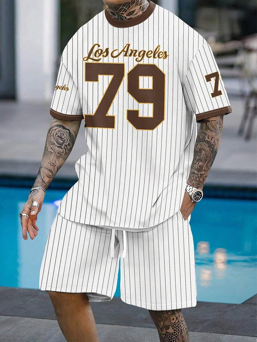 2 pezzi/set Abito casual estivo da uomo, t-shirt a maniche corte con scollo tondo a blocchi di colori e pantaloncini con coulisse, pantaloncini da spiaggia, outfit sportivo per l'esercizio