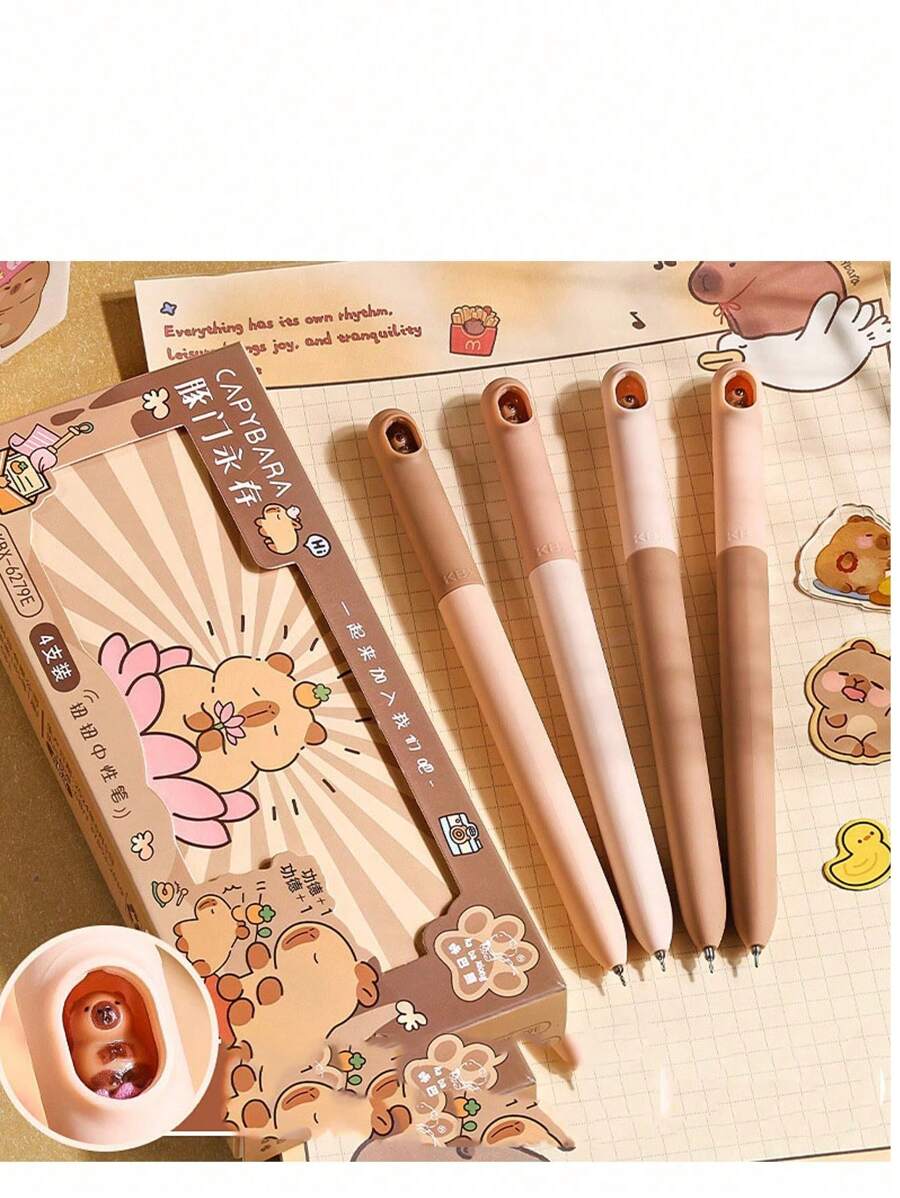 3pcs/Box Or 4pcs/Box Capybara Twisting Pens, Cute Cartoon Design, High Aesthetic Appeal, For Students, 0.5mm Ballpoint Pen,Back To School