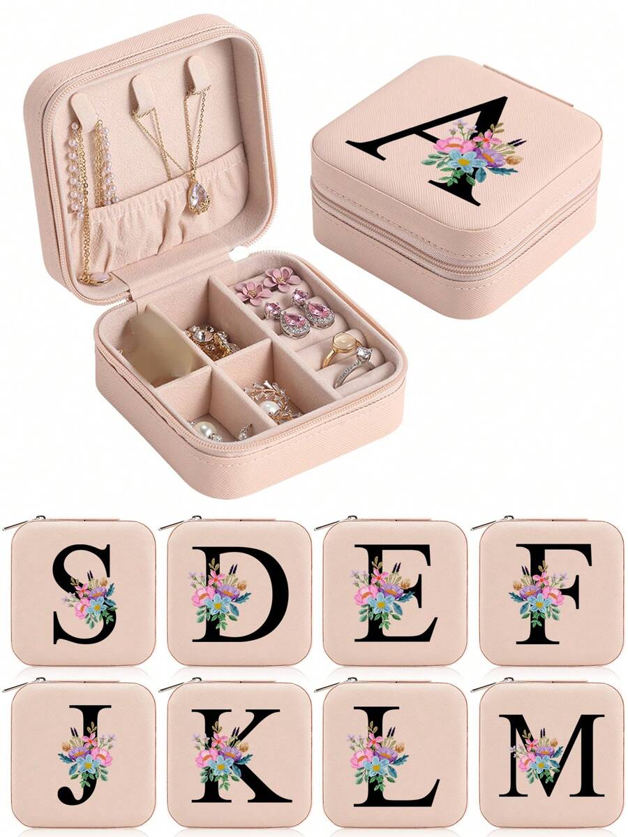1pc Pink Jewelry Box, Fashion Travel Jewelry Box With Floral Letters, Personalized Gift Travel Jewelry Box Birthday Gift For Women Christmas Gift For Teen Girls Initials Travel Jewelry Box A-Z