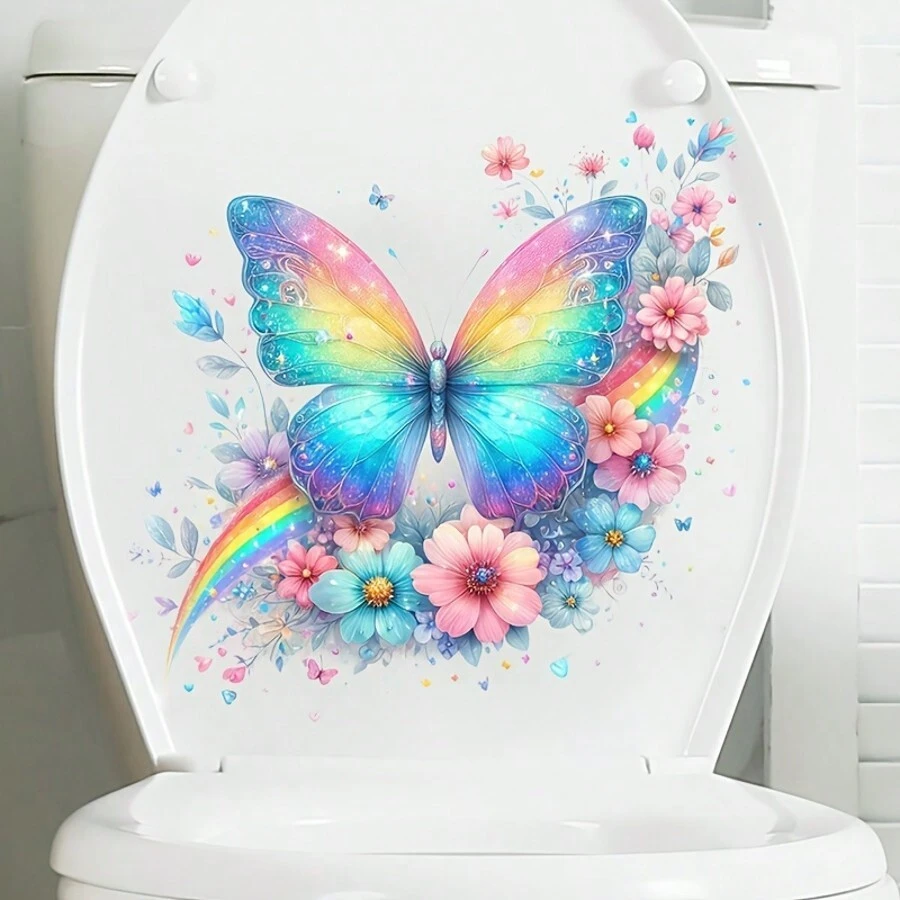 1 pieza Pegatinas de asiento de inodoro con mariposa colorida, decoración autoadhesiva de superficie cerámica con estampado animal, decoración desechable de baño con tema de mariposa y floral, tratamiento de superficie semibrillante, adecuado para decoración del hogar