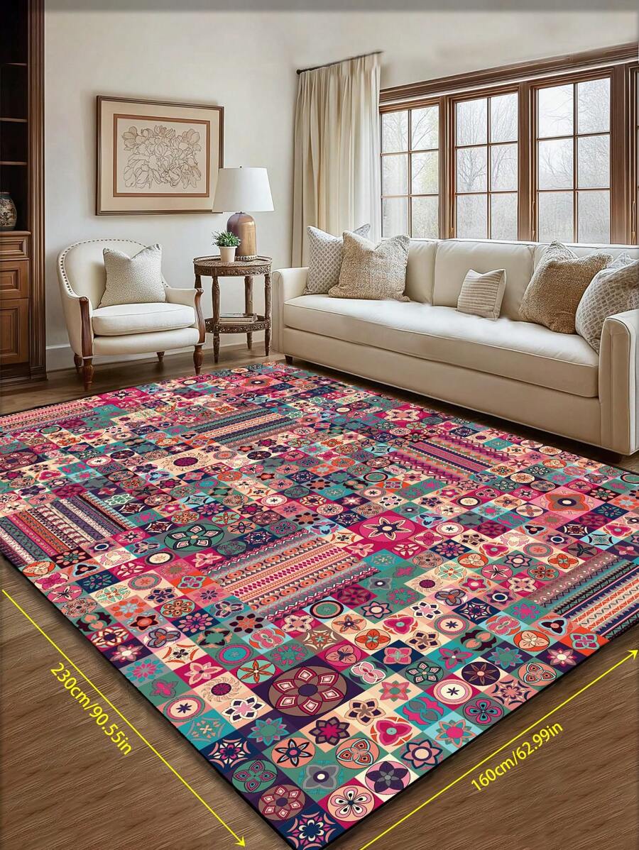 Tapete de área com design vintage inspirado na Boêmia, padrão geométrico de poliéster retangular, fácil manutenção, lavável, antiderrapante, adequado para sala de estar, corredor, cabeceira, sala de estar, quarto, escritório, cozinha, cabine