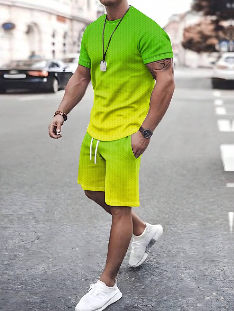 2pcs/Set Men's Summer Casual Suit, Colorblock Short Sleeve Crew Neck T-Shirt & Drawstring Shorts Set, Beach Shorts, Exercise Shorts