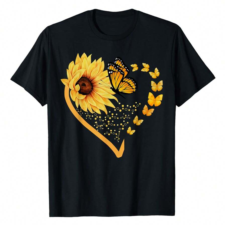 Sunflower Butterfly Heart Summer Floral Women T-Shirt, Women's Printed T-Shirt 220g, 100% Cotton, Retro Fashion Street Women's Short Sleeves, Round Neck Casual Women's Outdoor Short Sleeves, Daily Four Seasons Wear, Holiday Gifts