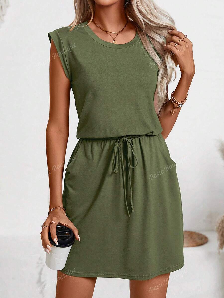 Women Solid Color Dress Short Sleeved Waist Cinched Slimming