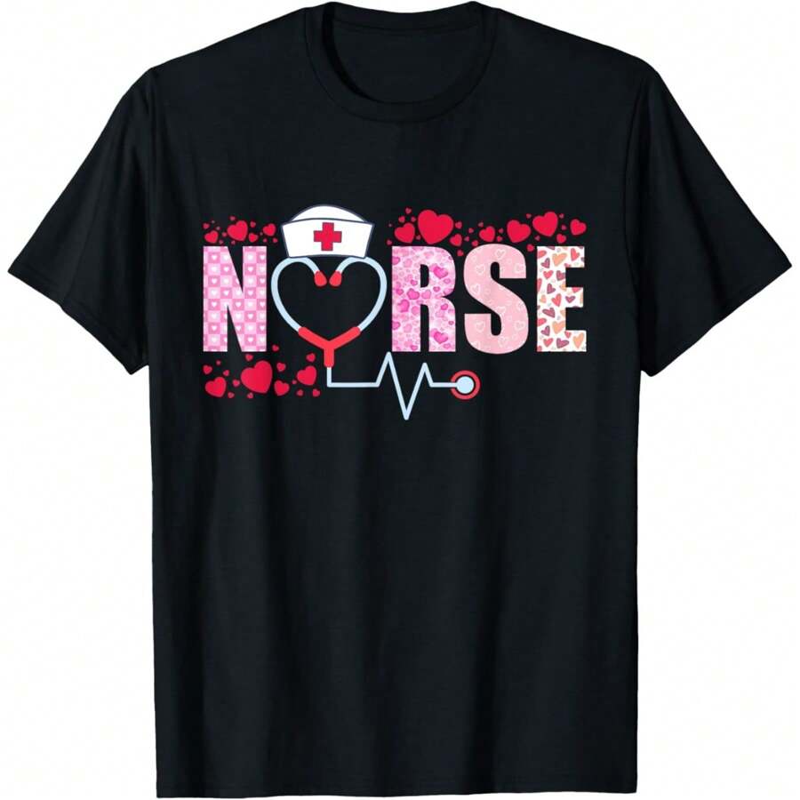 Nurse Valentines Day Hearts Love Women Valentines Day Nurse T-Shirt, Oversized Short Sleeve Classic Heavy Cotton T Shirt Printed Graphic Tee Men Women's Casual Short-Sleeved Top