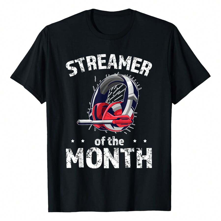 Streamer Of The Month Funny Gaming Headset Streamer T-Shirt, Women's Printed T-Shirt 220g, 100% Cotton, Retro Fashion Street Women's Short Sleeves, Round Neck Casual Women's Outdoor Short Sleeves, Daily Four Seasons Wear, Holiday Gifts
