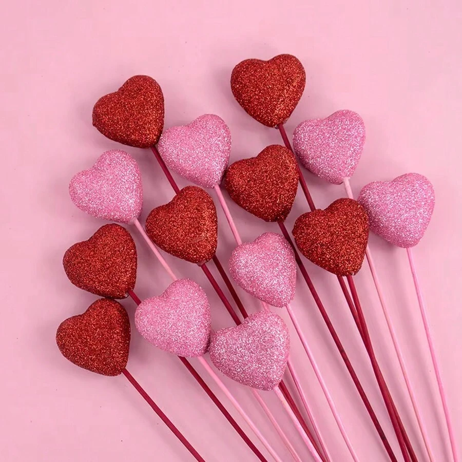 10pcs Glitter Foam Heart Sticks, Suitable For Mother's Day, Vase Decor, Birthday Party, Cake Decor, Wedding Bouquet