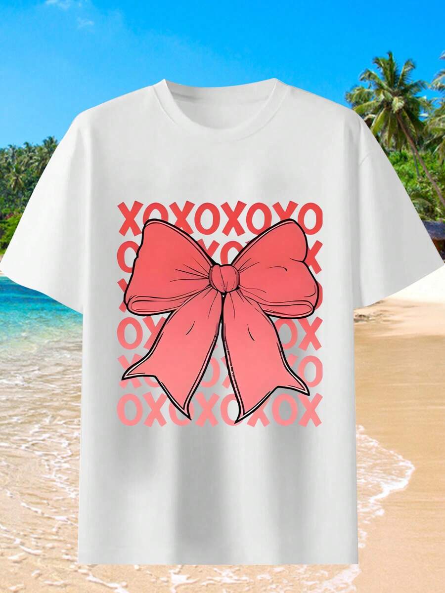 Red Heart BowT-Shirt Soft Cotton Crew Neck Short Sleeve T-Shirt Fun Novel Design Shirt