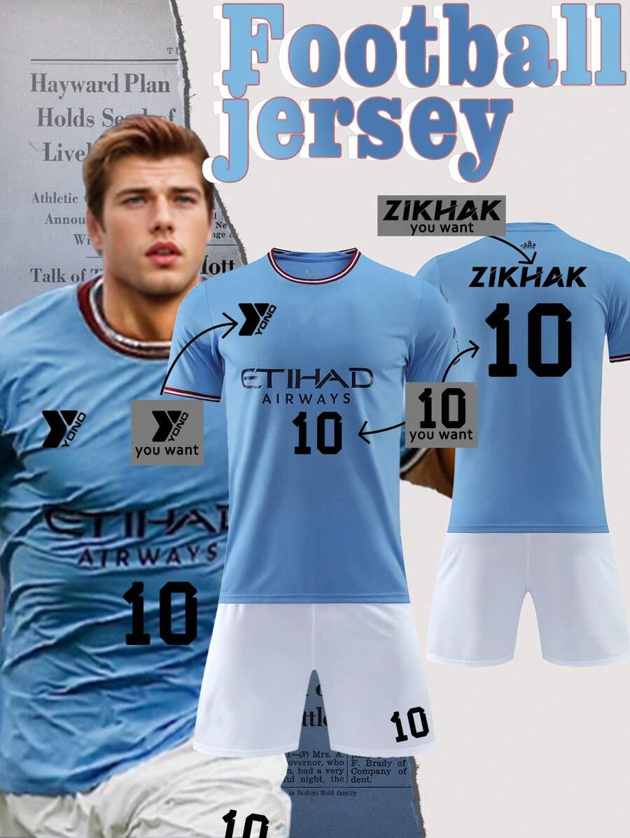 Conjunto personalizable de camiseta y pantalones cortos de fútbol para hombres inspirado en el Manchester City 2022-2023, con diseño de estilo local. Logotipo, número y contenido de texto personalizables