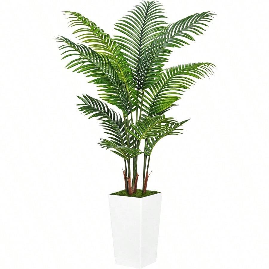 Artificial Palm Tree 5FT - Fake Tree With White Tall Planter - Faux Tropical Areca Floor Plant In Pot - Artificial Silk Plant For Home Office Living Room Decor Indoor
