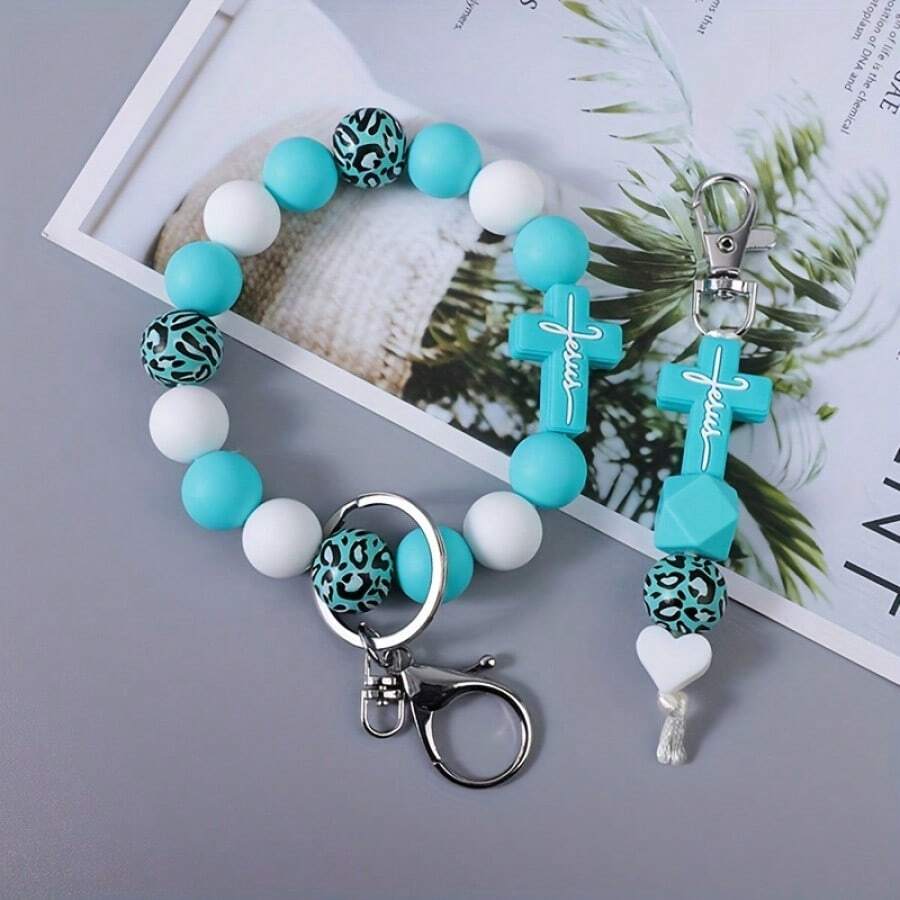 Leopard Print 2pcs/Set Mixed Bead Wrist Key Ring - Monochrome Silicone Beads, Cross Silicone Keychain, Backpack Accessories, Pendant Gifts