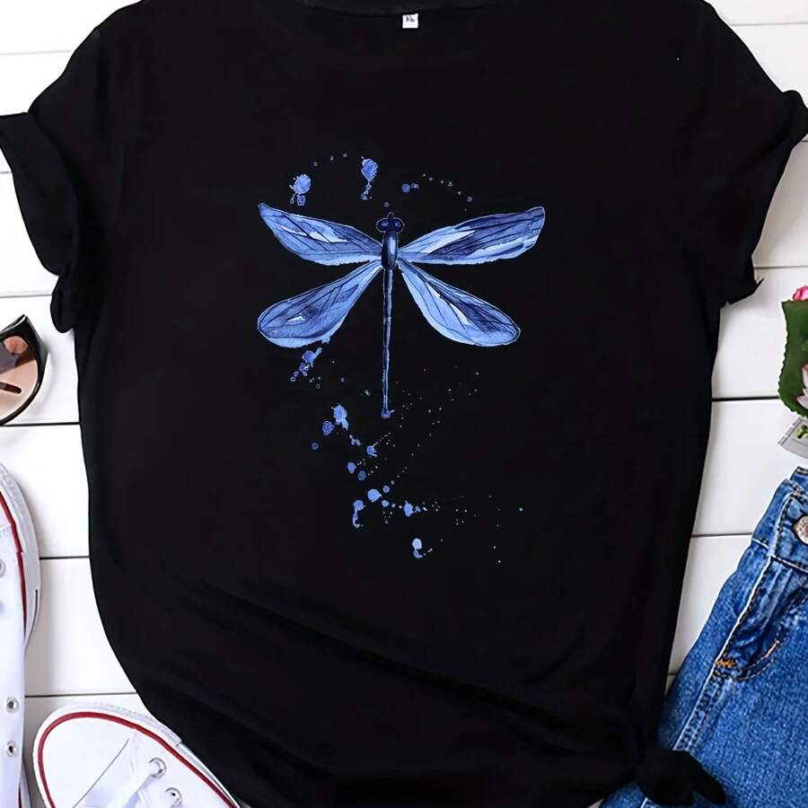 Casual T Shirt Women S Plus Dragonfly Print Short Sleeve Round Neck Medium Stretch T Shirt