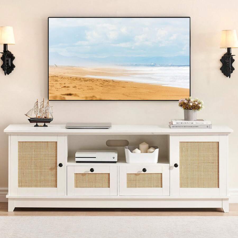 Rattan TV Stand For 65+ Inch TV Modern Entertainment Center Media Console Table Rattan TV Console With 2 Cabinets Boho Wood TV Cabinet Furniture With Storage And Doors For Living Room