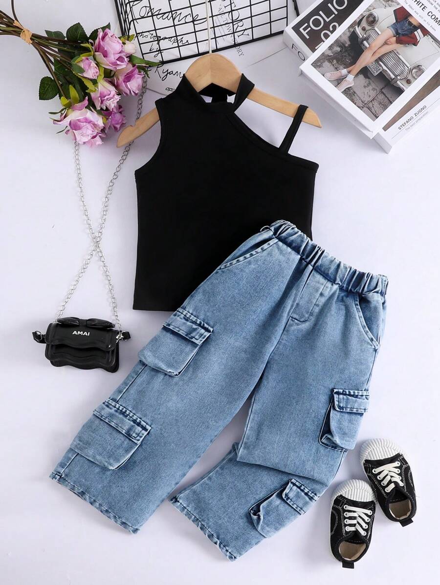 Ensemble de 2 pièces pour jeunes filles à la mode pour l'été: T-shirt sans manches de couleur unie et pantalon cargo en jean multi-poches