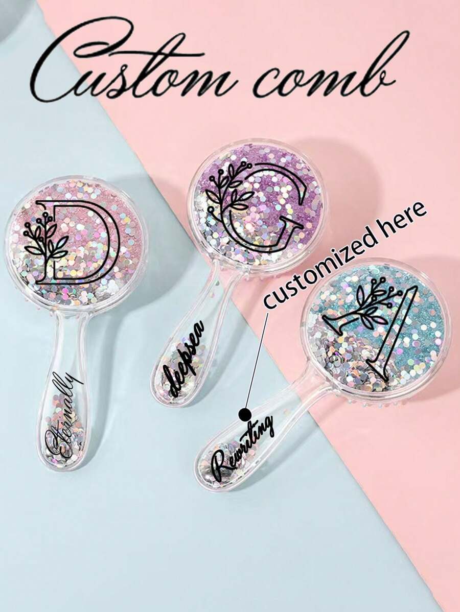 1pc Custom Text Air Bag Comb Round Handle Glitter Head Leather Massage Hair Comb Air Cushion Comb