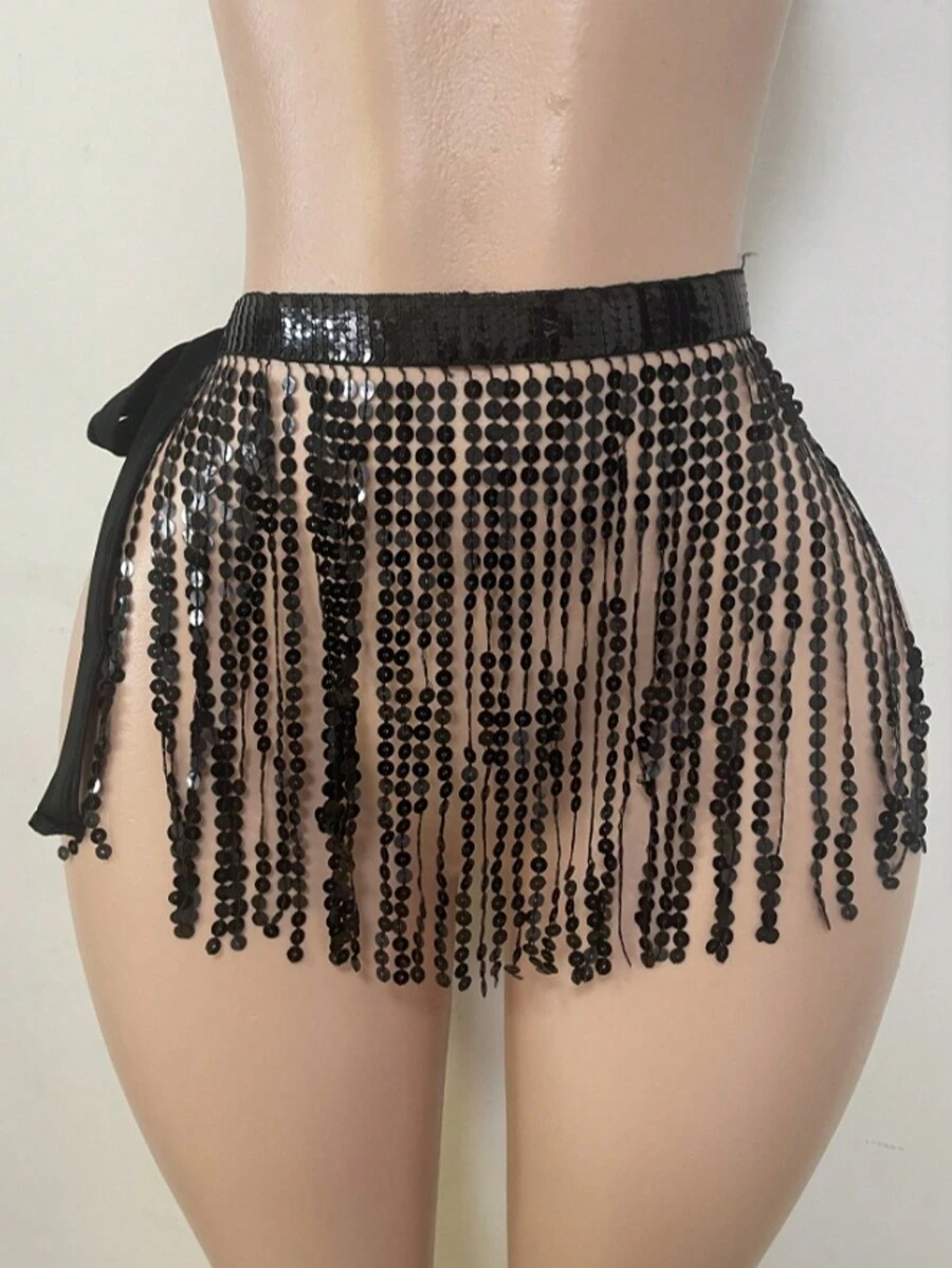 Faldón de danza del vientre para mujer con pañuelo de cadera, falda envolvente con cadena de cintura y lentejuelas, faldas con flecos brillantes para danza del vientre, disfraz de vaquera espacial para Mardi Gras