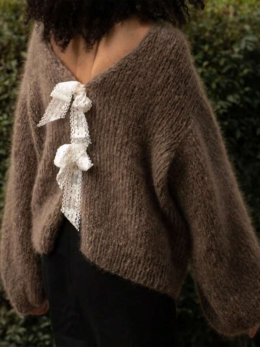 Women Tie Front Sweaters Casual Lightweight Contrast Color Knit Cardigans Warm Fall Knitwear For Streetwear