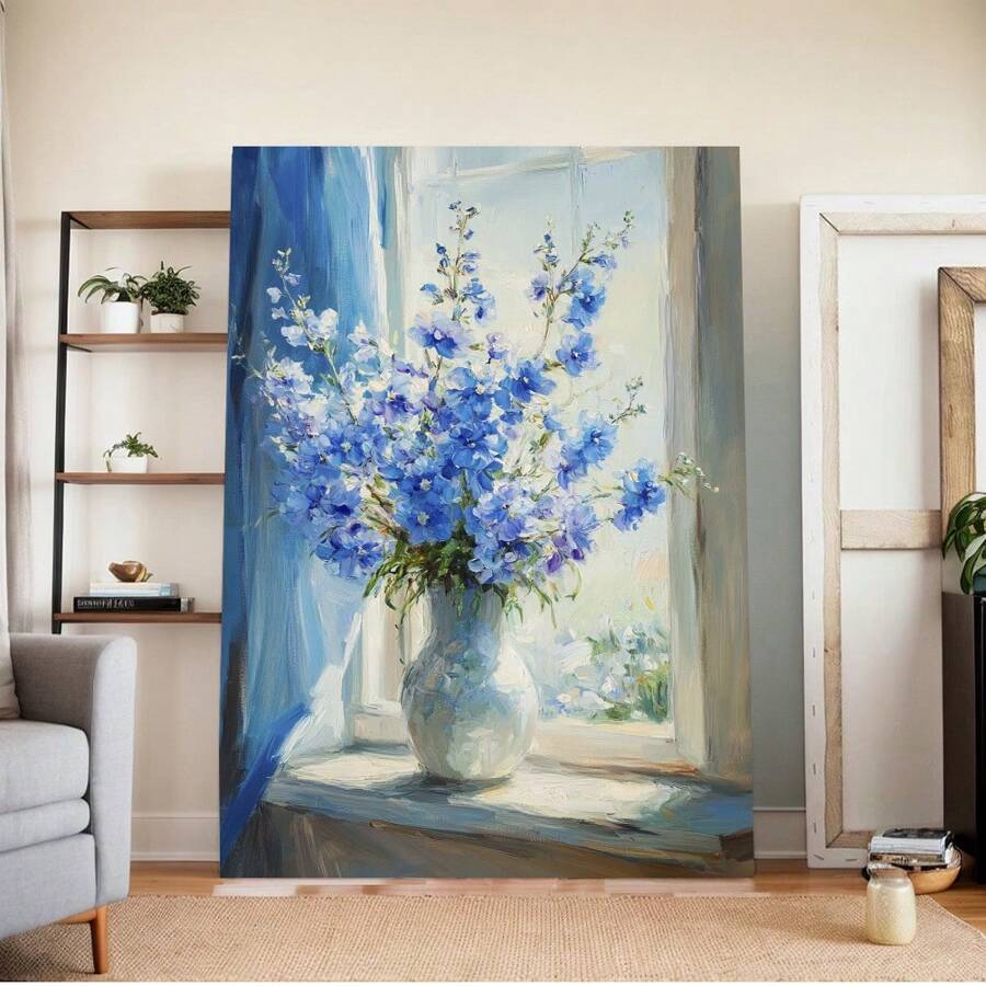 Blue Floral Canvas Print, Vibrant Delphiniums In White Vase, Window View, Bright Sunlight, Blue Drapes