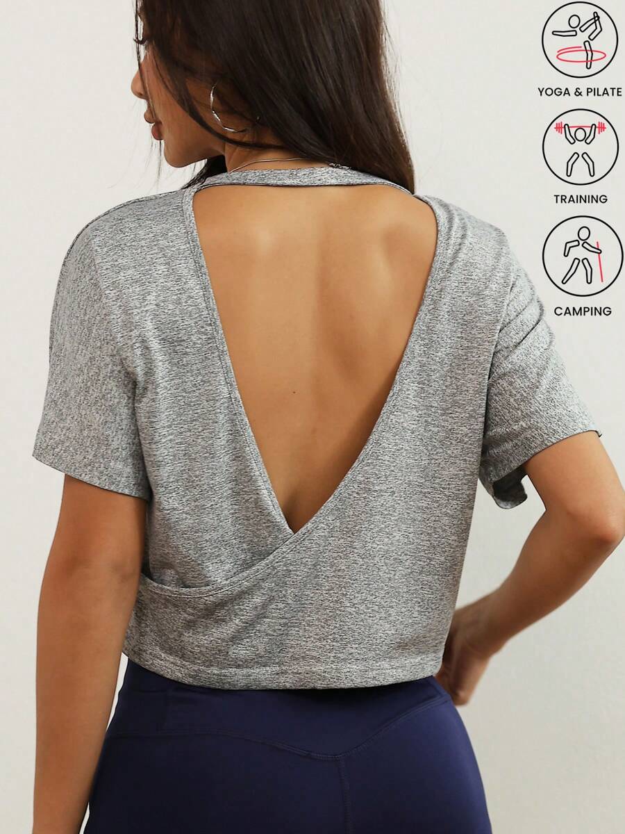 1 pieza Camiseta deportiva de cuello redondo, manga corta, escote cruzado y espalda descubierta, corte suelto, para yoga, gimnasio y fitness, de tela delgada y transpirable, para primavera/verano