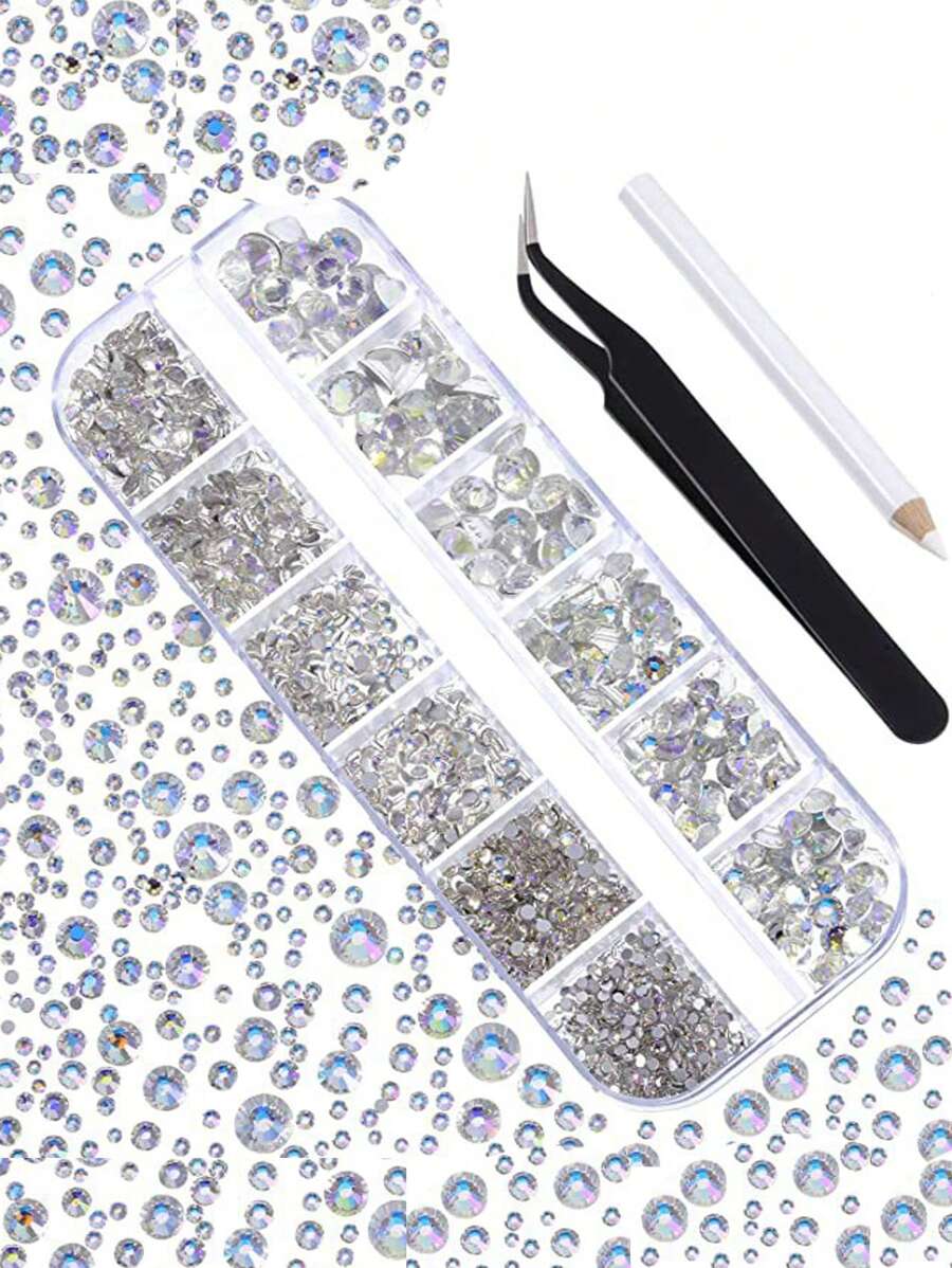 12 rasters/doos platte achterkant nagelkunst strass ronde kralen 6 maten (2-6,5 mm) met opbergdoos, strass-steentjes plukpen voor nagelkunst telefoondecoraties knutselen doe-het-zelf (Paradise Shine)