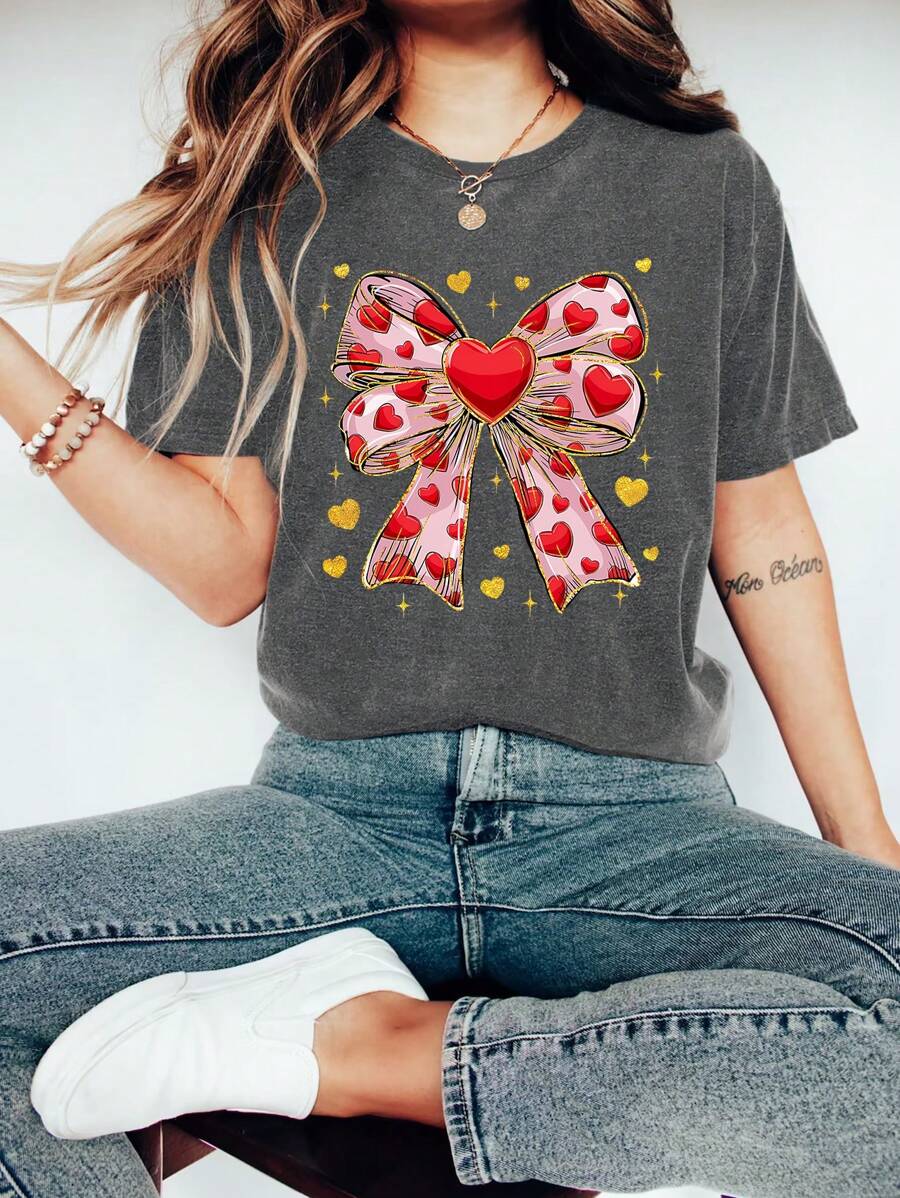 Valentine's Day Flirty Heart Cartoon Letter Graphic Print T Shirt, Short Sleeve Crew Neck Casual Top For Summer & Spring, Women's T-Shirt