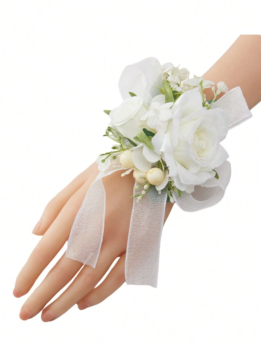1 Peça Corsage de Pulso para Noiva, Dama de Honra, Decoração de Casamento, Elegante Pulseira com Pérolas, Grande Corsage de Rosa para Garotas, Mulheres, Mãe do Noivo, Chá de Panela, Baile de Formatura, Aniversário, Formatura