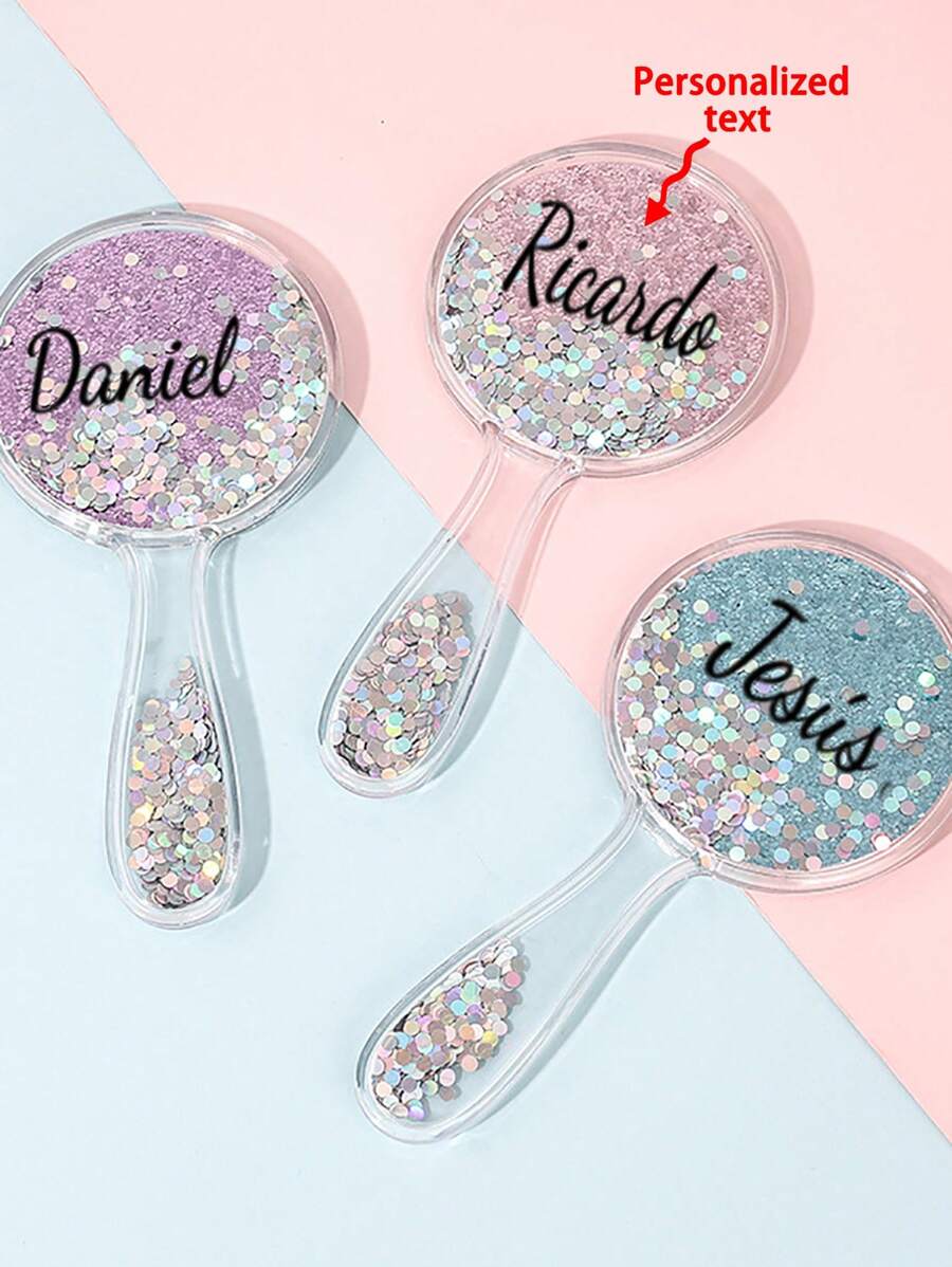 1pc Customizable Handheld Makeup Mirror, Personalized With Name, Portable Vanity Stand, No Electricity Needed, Lightweight PVC Material, Various Theme Options - Ideal Birthday, Valentine's, Special Occasion Gift. New Circular Handle Glitter Cute Small Mirror Sequin Makeup Mirror