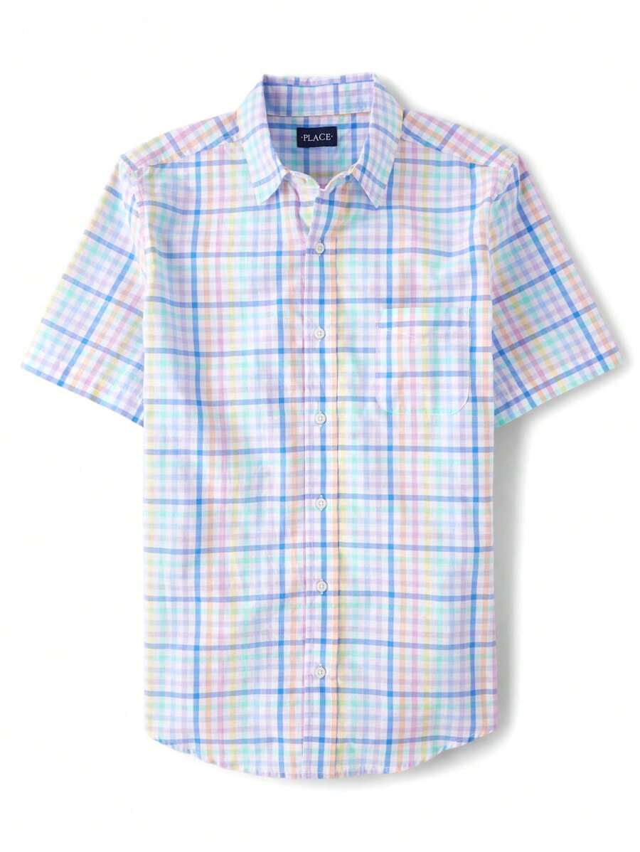 The Children's PLACE Mens All Over Gingham Poplin Button Up Shirt Short Sleeve Woven Easter