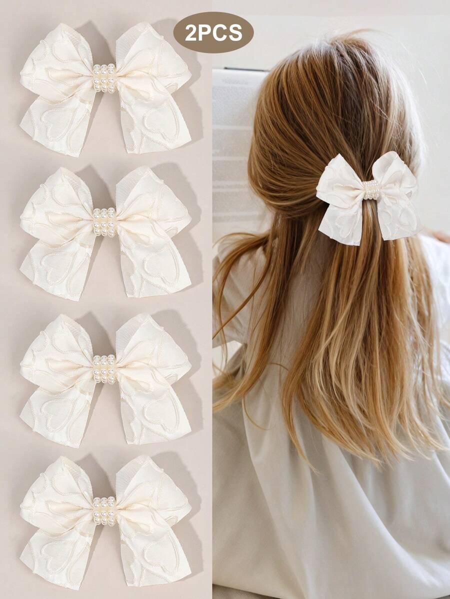 2pcs Yarn Hair Bow Clips For Girls,Fabric White Pearl Hair Bows Clips For Kids,Fashion Alligator Clips Hair Accessories For Toddlers Gifts