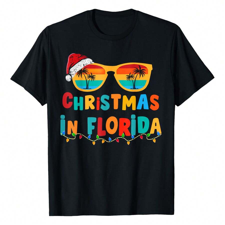 Christmas In Florida Sunglasses Palm Trees Family Vacation T-Shirt Graphic Tees Short Sleeve Casual Women T Shirts 100% Cotton Tee Shirt Womens Short-Sleeved Funny Printed Women's T-Shirts Summer Tops Soft Comfy Everyday Wear Gift Woman Tshirt Black
