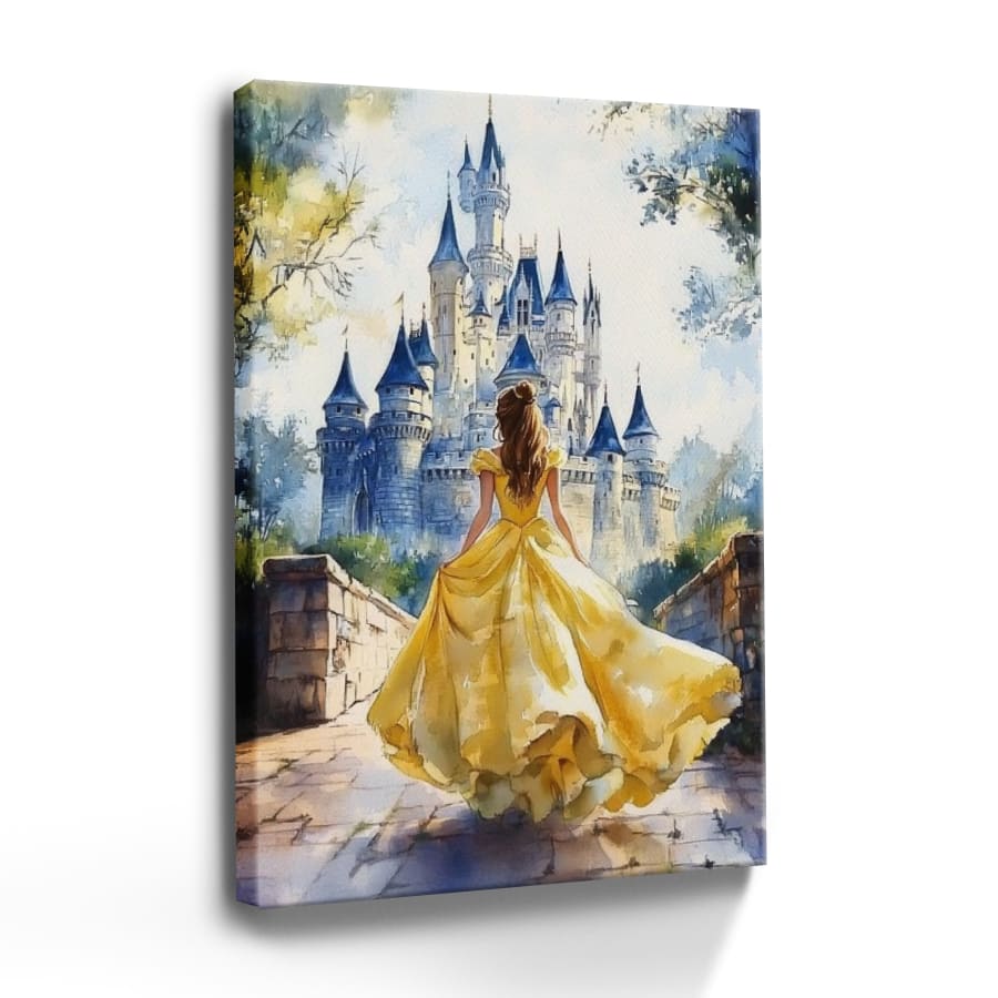 Wrapped Framed Canvas Vintage Wall Art Elegant Woman In Yellow Dress At Castle – Artful Home Decor For Living Room, Bedroom, Bathroom, Office