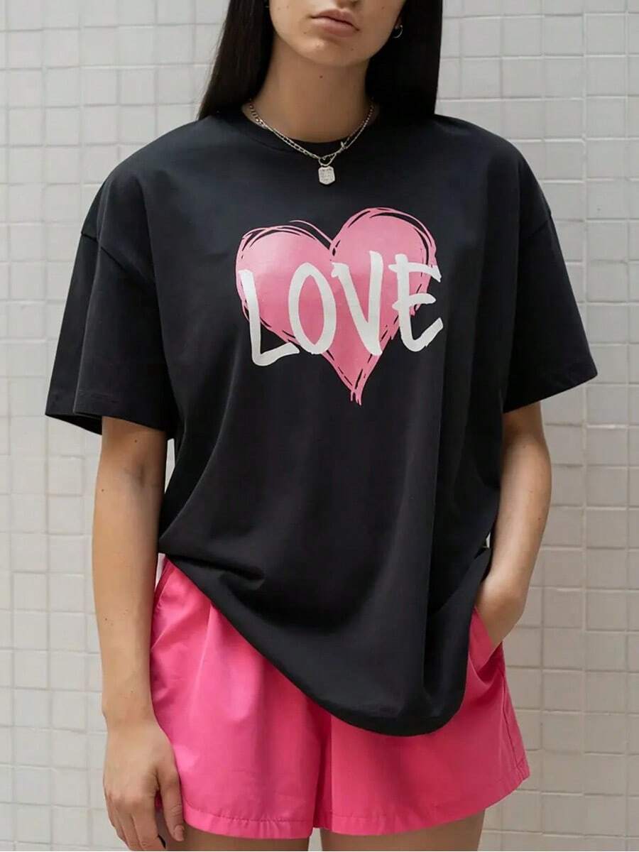 Elastic Fit | Valentine's Day Love Pattern T-Shirt - Soft Black Washed, Casual Round Neck Short Sleeve With Pink Accents, Machine Washable For Women