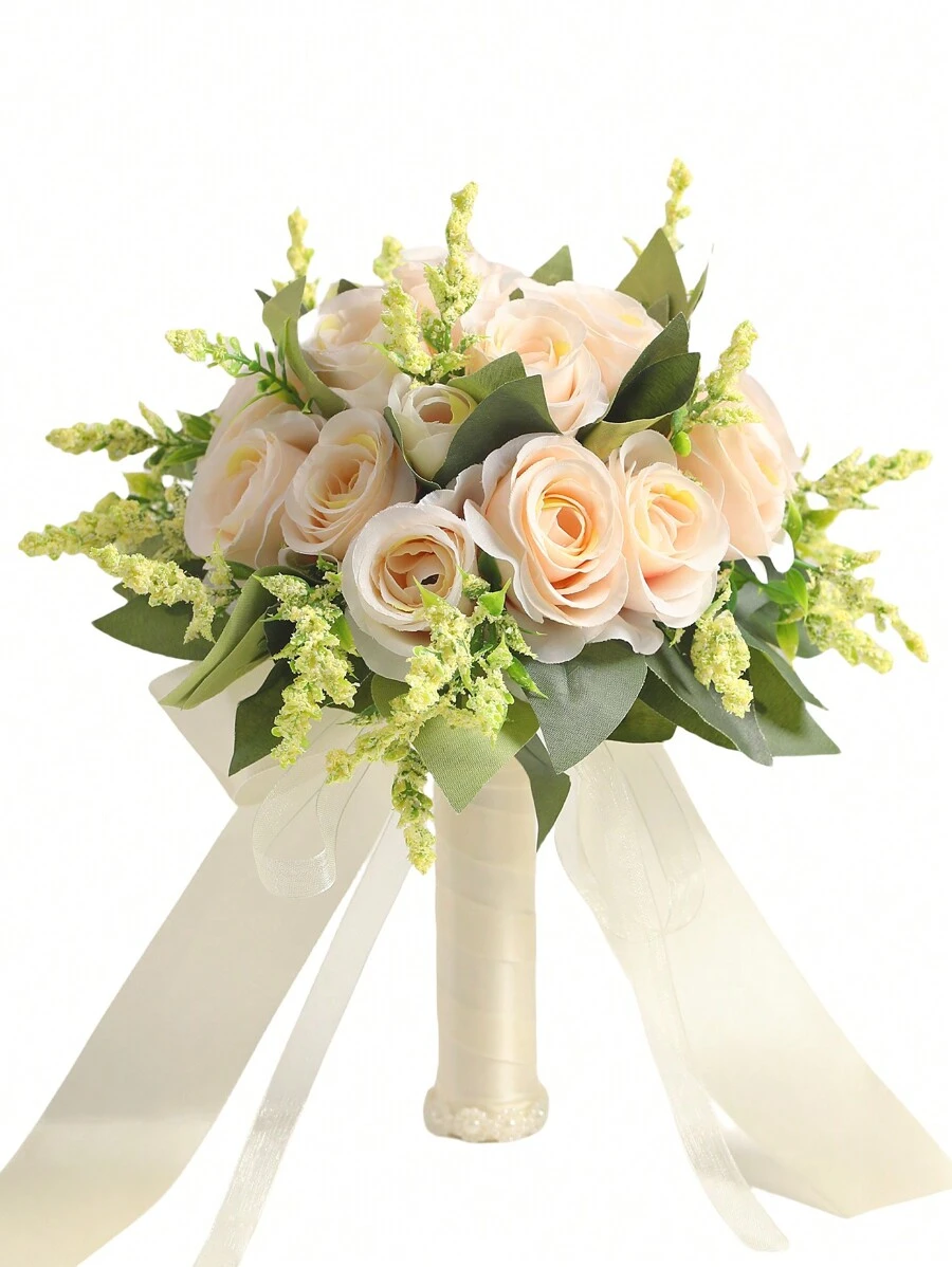 1pc New Artificial Champagne Color Rose Flower Bouquet, Suitable For Bridesmaids, Brides, Photography Props, Party Decorations, Wedding Supplies