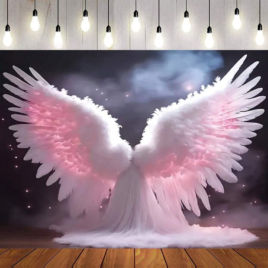 Arrière-plan en polyester avec ailes d'ange rose et blanc fantaisie - parfait pour les portraits artistiques, les événements de bienfaisance et la décoration de studio