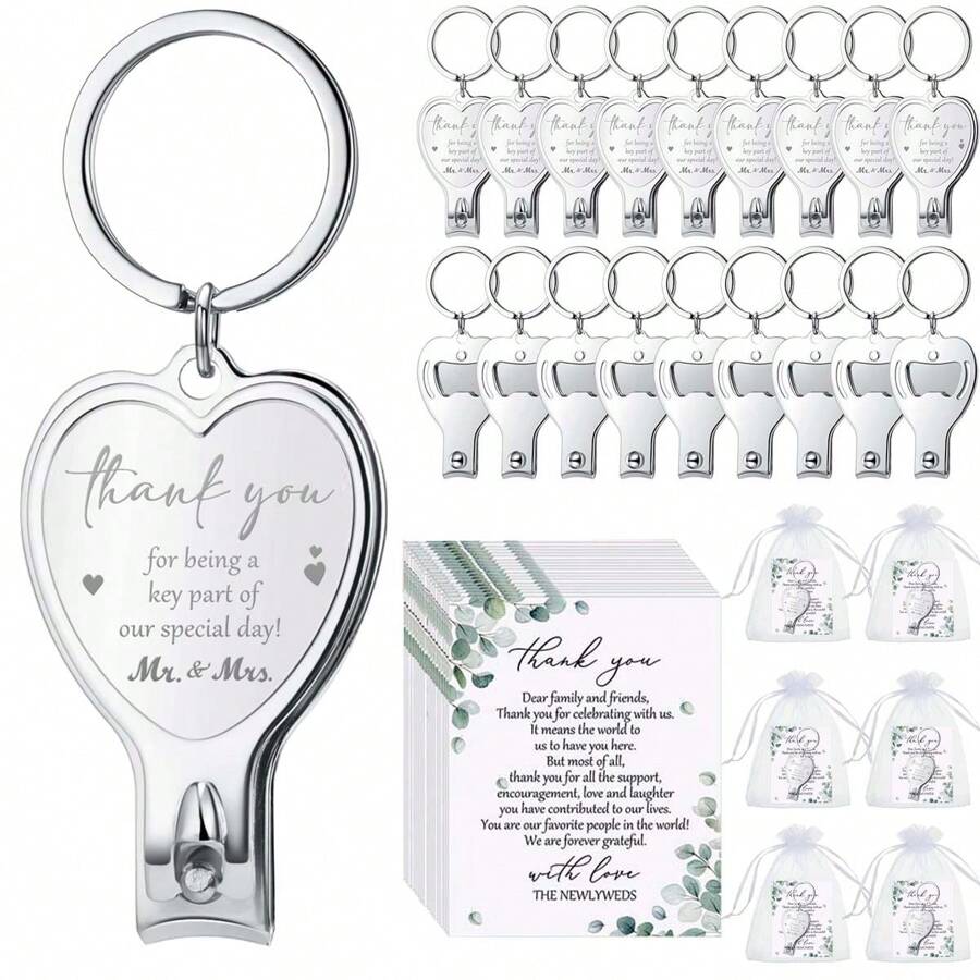 1/6 Set Elegant Wedding Favor Stainless Steel Keychains Set - With Multifunctional Heart Shaped Bottle Opener & Nail Clipper, Includes White Organza Bags & Thank You Tags, For Bridesmaids, Showers & Birthdays Party Gifts, Wedding Souvenir Suitable For Guests, Wedding Party Decoration Supplies, Bridal Gift