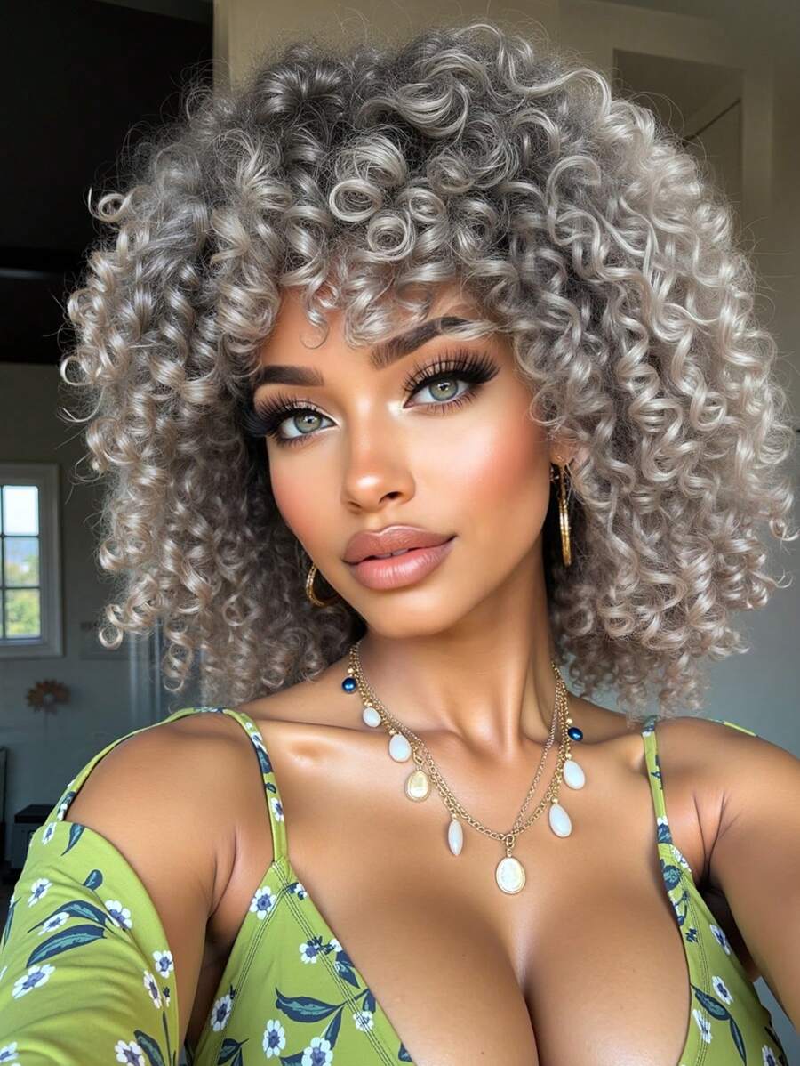 Fluffy Little Curly Wig Gradient Silver Gray 12 Inch Short Curly Wig Synthetic Heat Resistant Fiber Wig Ladies Wig Perfect For Holiday Travel Family Gatherings Everyday Wear Use