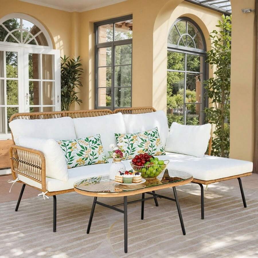 SHEIN X Heather Rae Outdoor Patio Rattan Furniture Set 3-Piece Conversation Set With Cushions & Table,White,Springbreak ,Valentine's Day Ideas