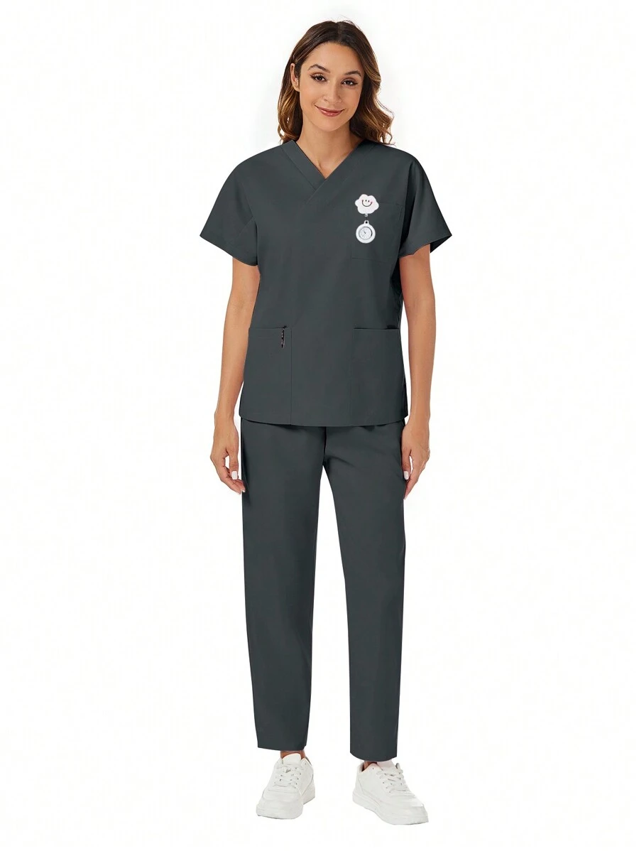 Set de 2 piezas con parte superior de manga corta con bolsillo y cuello en V, y pantalones, uniforme casual de scrubs