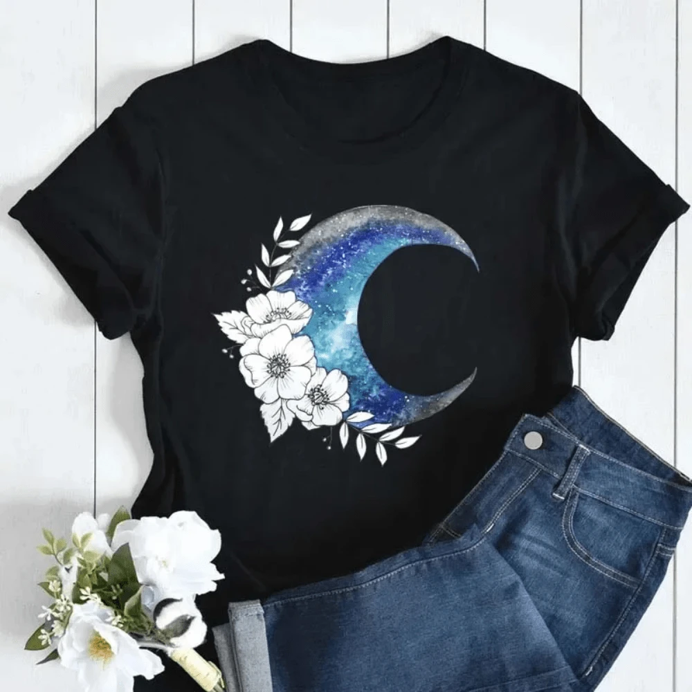 Fashion Vintage Moon With Floral Print Women T Shirt Casual Summer Short Sleeves Female Top Tshirts