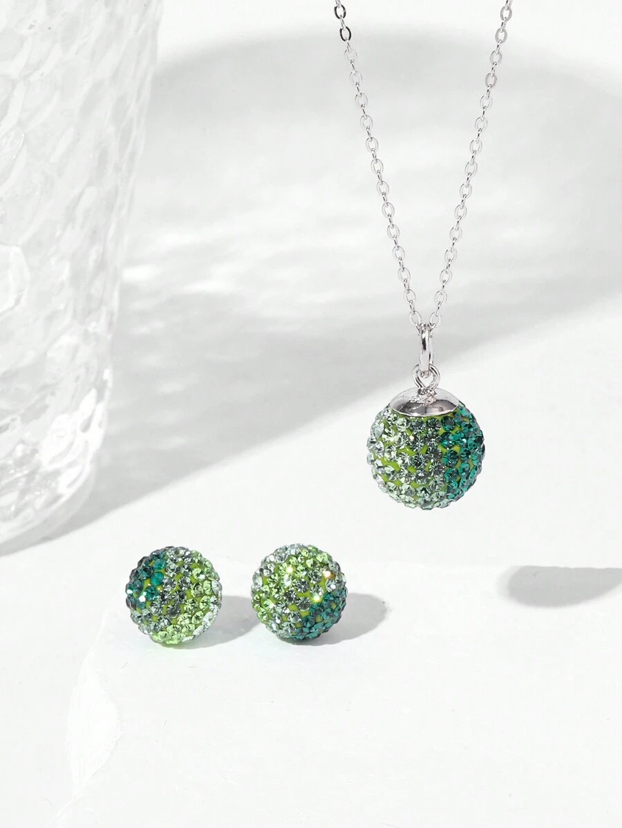 Halsketten- und Ohrringsset für Frauen, Weihnachtsrot/Grün 925 Sterling Silber Glitzer Kristall Discokugel Ohrstecker und Anhänger für Frauen, 10mm 12mm Geburtsstein Schmuck, Ohrringe, Anhängerkette, Sterling Silber Schmuck