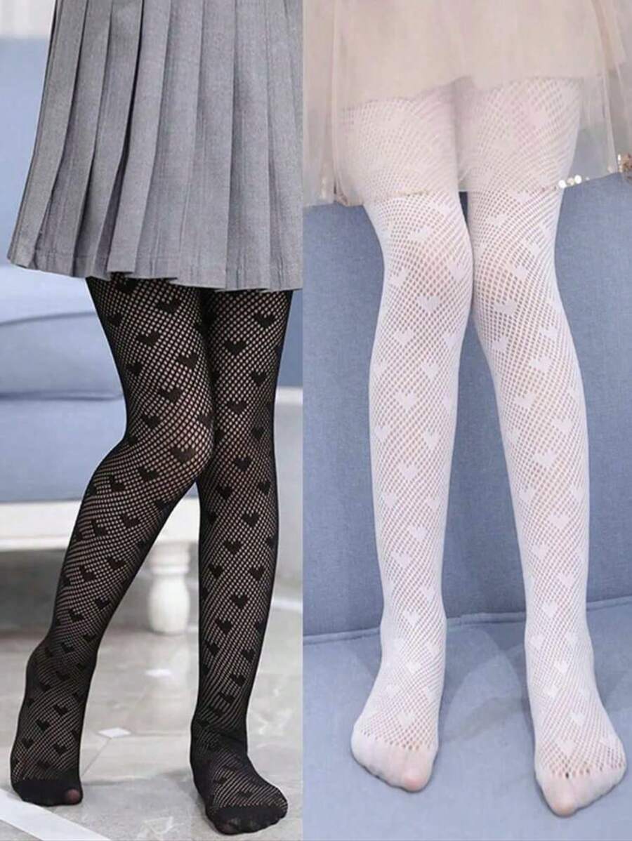 1 Pair European Style Heart Decor Ultrathin Stirrup Tights, Girls Rhinestone Fishnet Mesh Hollow Out Leggings, Children Pantyhose