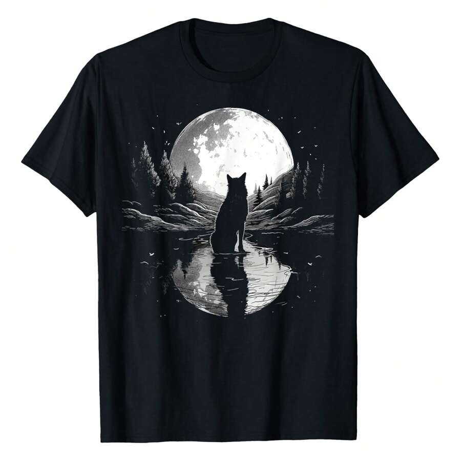 Wolf Looking Moon On River For Lover Wolves Wildlife Animal T-Shirt Versatile Women's T-Shirts