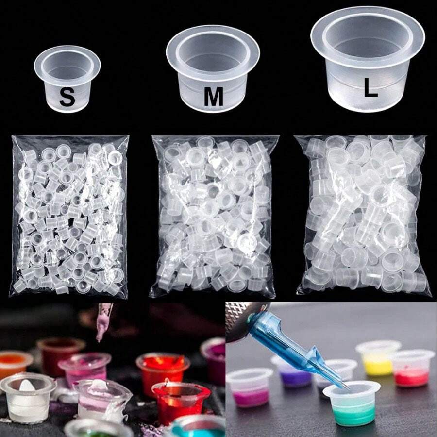 100pcs M Disposable Tattoo Ink Cups Plastic Pigment Clear Holder Container Caps Tattoo Permanent Makeup Microblading Supply