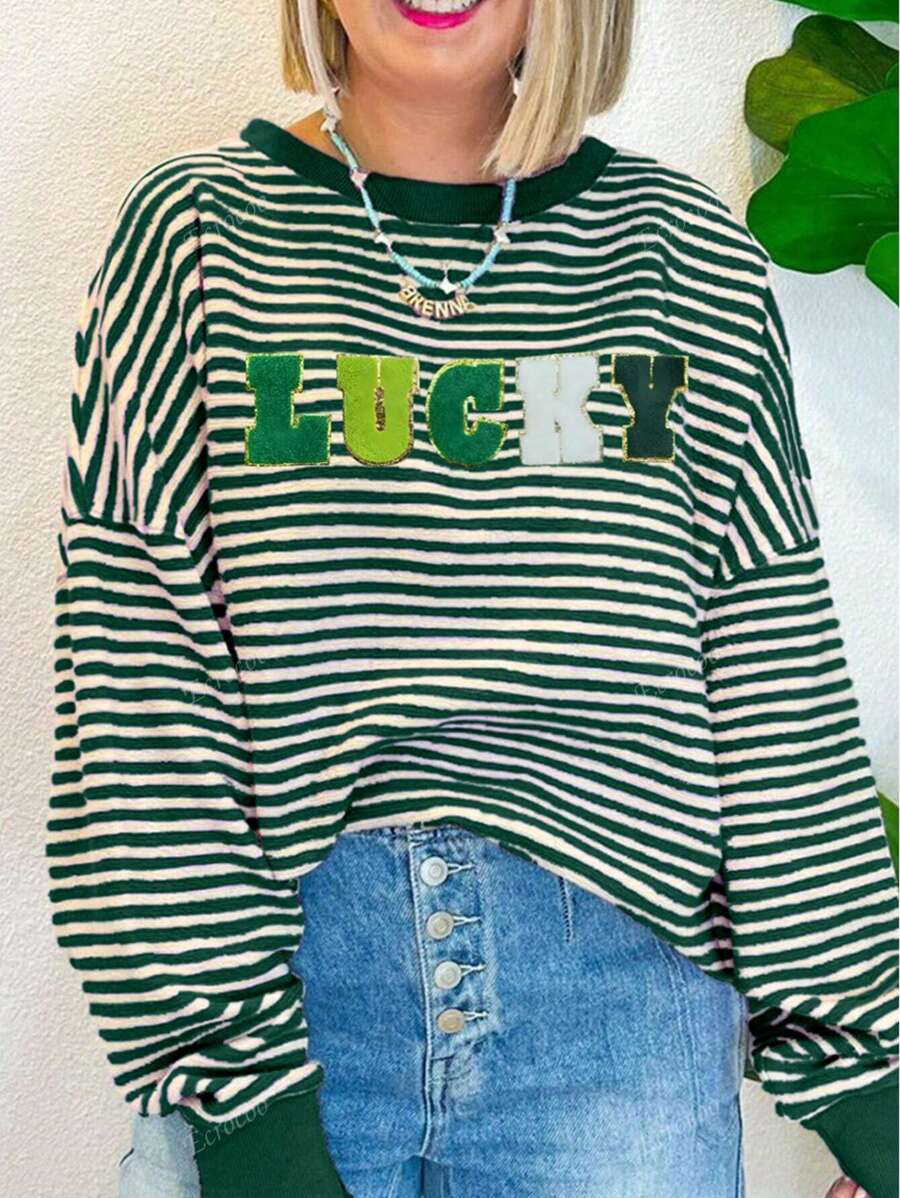 Women's St Patrick Day Chenille LUCKY Pattern Boho Long Sleeve Sweatshirt Top