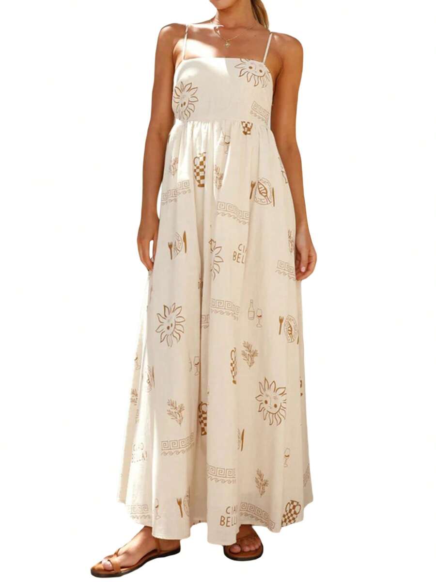 Women's Maxi Dress Summer Spaghetti Strap Fashion Print Square-Neck Back Cutout Sexy Long Dresses Beach
