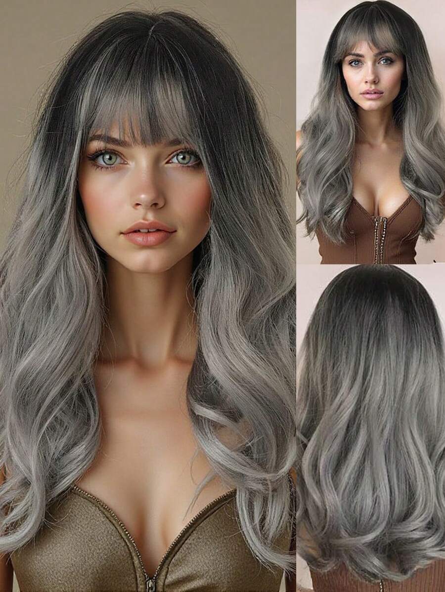 De 24" lange krullende synthetische hittebestendige pruik voor dames met zwartgrijs haar en pony is perfect voor dagelijks gebruik en feestjes